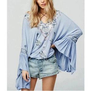 Free People Siren Song Peasant Blouse Embroidered Bell Sleeve Light Blue XS